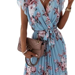 Women's XL Casual Dress Floral Print V Neck Knee Length Dress XL